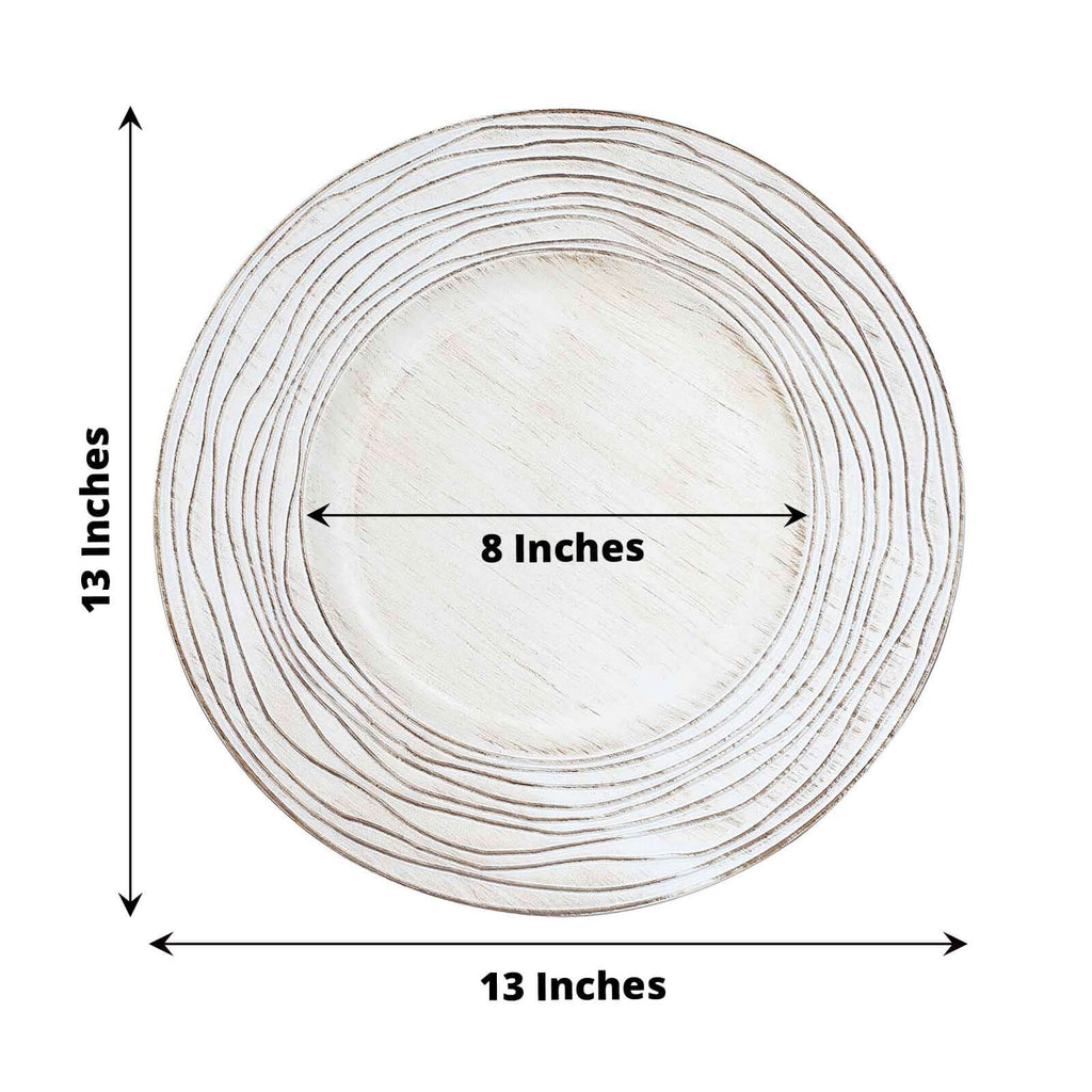 6-Pack Faux Wood Charger Plates 13" Round White Washed Rose Embossed Rim - Disposable Plastic Charger Tableware