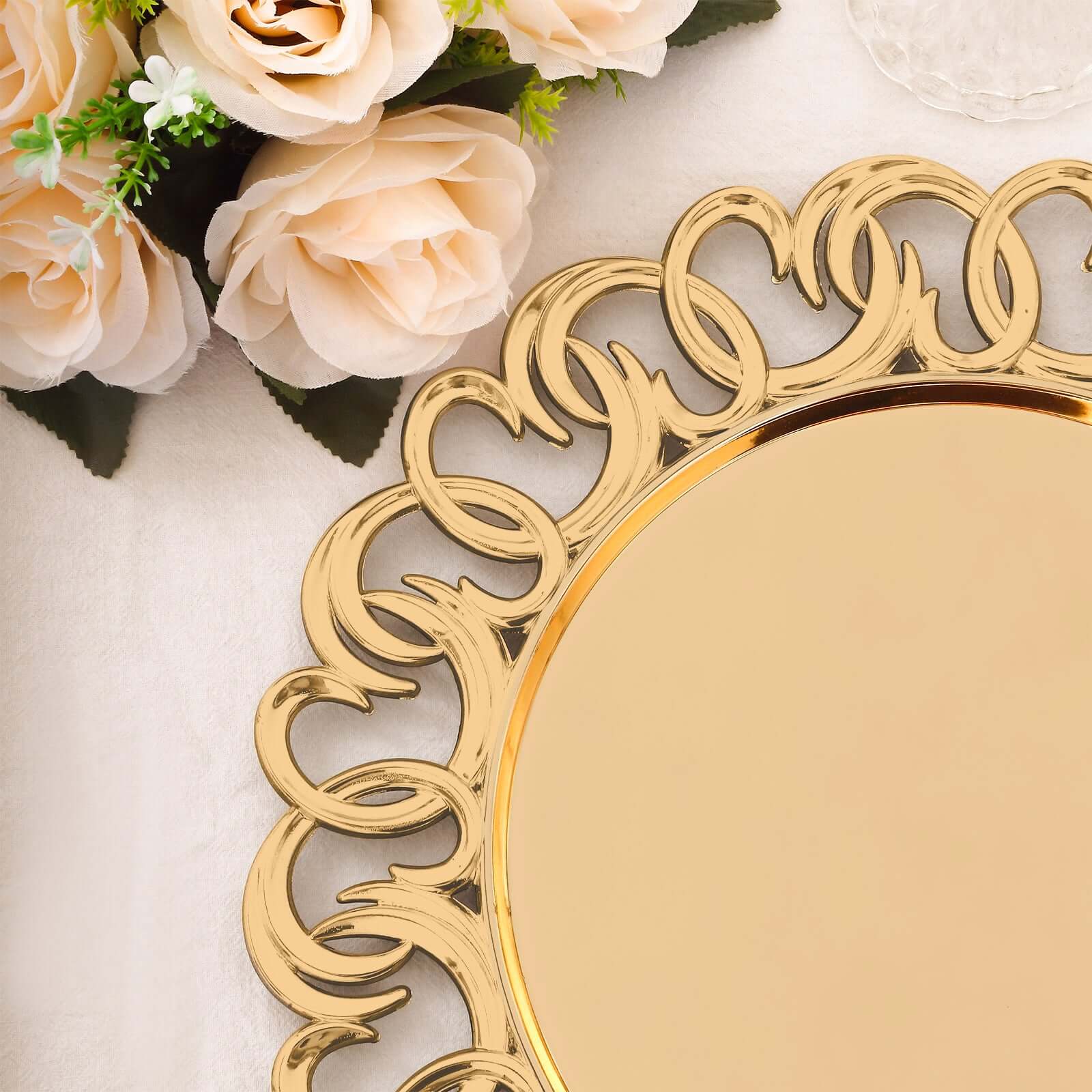 6-Pack Plastic Charger Plates 13" Round Gold with Entwined Swirl Rim - Plastic Disposable Decorative Chargers