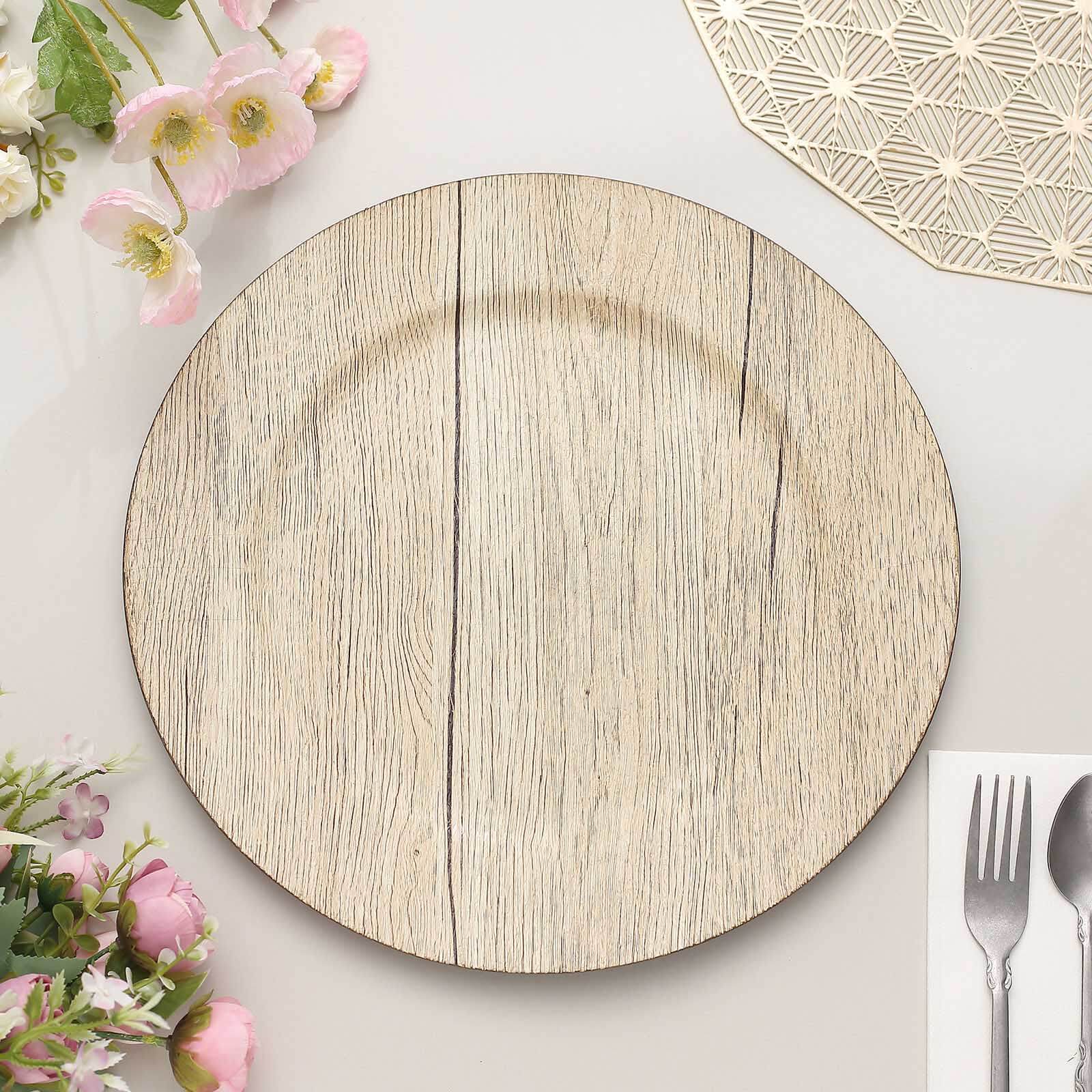 6-Pack Plastic Charger Plates 13" Round Natural with Faux Wood Finish - Rustic Boho Chic Dinner Party Charger Tableware